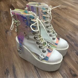 Demonia Iridescent White Platform Boots